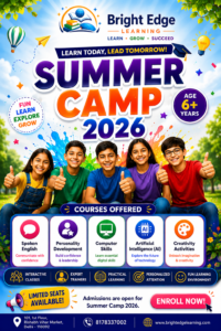 Bright Edge Learning Spoken English and Computer Awareness Summer Camp 2026 for students featuring communication skills training, computer literacy, AI basics, personality development, and interactive learning activities.