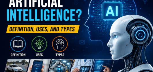 Artificial Intelligence (AI) concept showing a futuristic humanoid robot with AI chip, definition, uses, and types, along with real-world applications like healthcare, robotics, voice assistants, self-driving cars, and smart shopping.